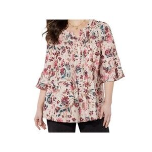Catherines Georgette Pintuck Blouse Size 3X Floral Pattern Flounce Sleeve V-Neck